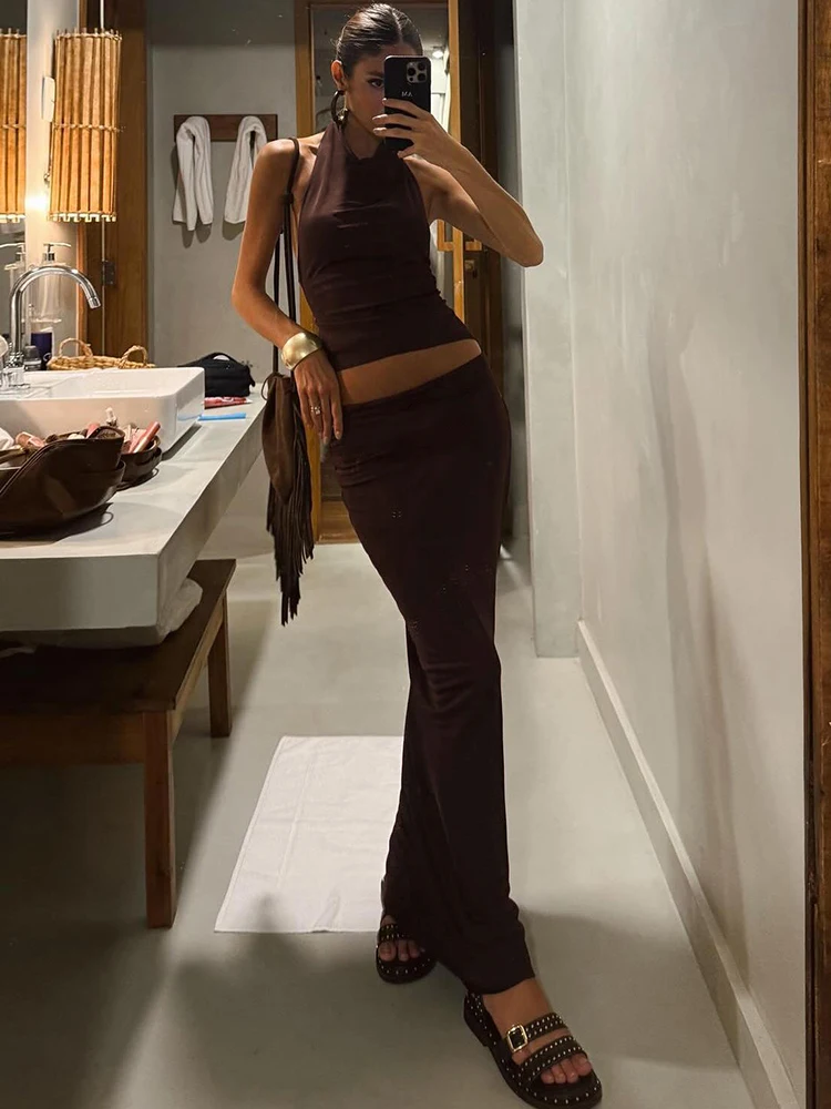 Kliou Solid Simple ผู้หญิงจับคู่ 2 ชิ้นชุด Halter Backless Tanks + เอวสูง Skinny Maxi กระโปรง Mujer ฤดูร้อนคลาสสิกชุด