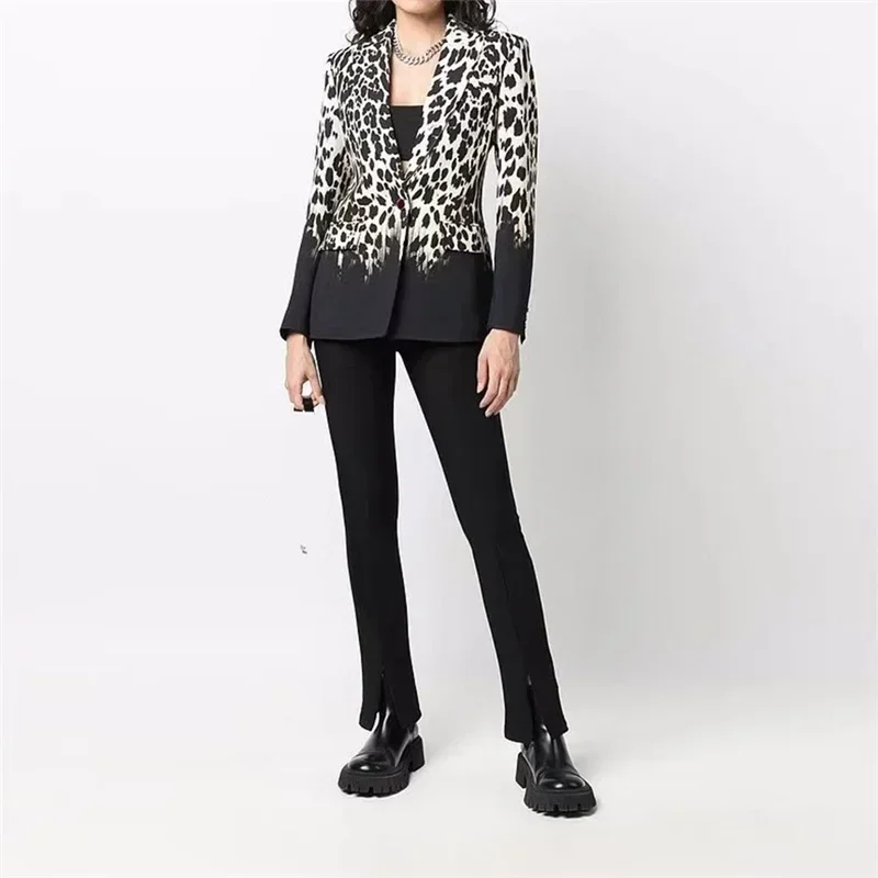 Casaco estilo leopardo feminino, terno de 1 peça, jaqueta de moda, para escritório, trabalho, roupas de trabalho, para meninas, roupa de outono