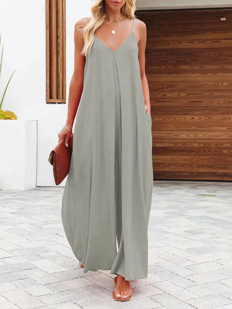 

Women's Jumpsuit Solid Color Suspenders Wide Leg Pants Solid Color Pocket Casual Rompers Commuting Vacation Beach 2026 Summer