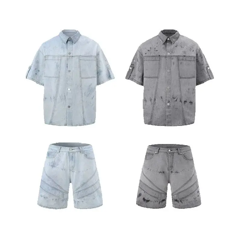 

MAQVOB EU US Size High Quality Short Sleeve Denim Shirt and Shorts Suit Streetwear Loose Fit Vintage Workwear Jean Men's Set