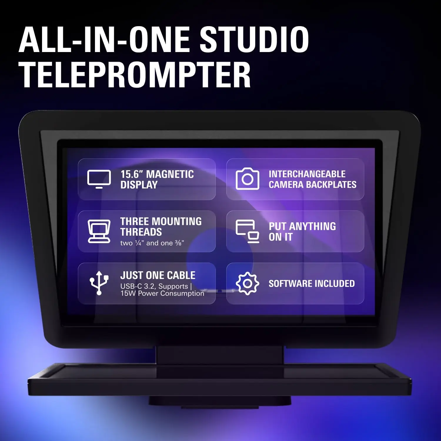 Full-Sized Teleprompter with Removable 15.6-Inch Full HD Display, Dual Function as Conferencing Monitor, Compatible with DSLR, Mirrorless & Studio Cameras, USB-C 3.2 Connectivity