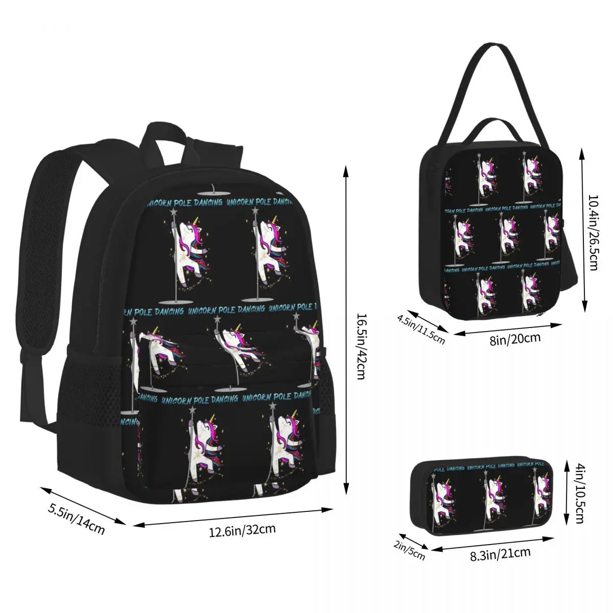 Unicorn Pole Dancing Backpacks Boys Girls Bookbag School Bags Rucksack Lunch Bag Pen Bag Three-Piece Set