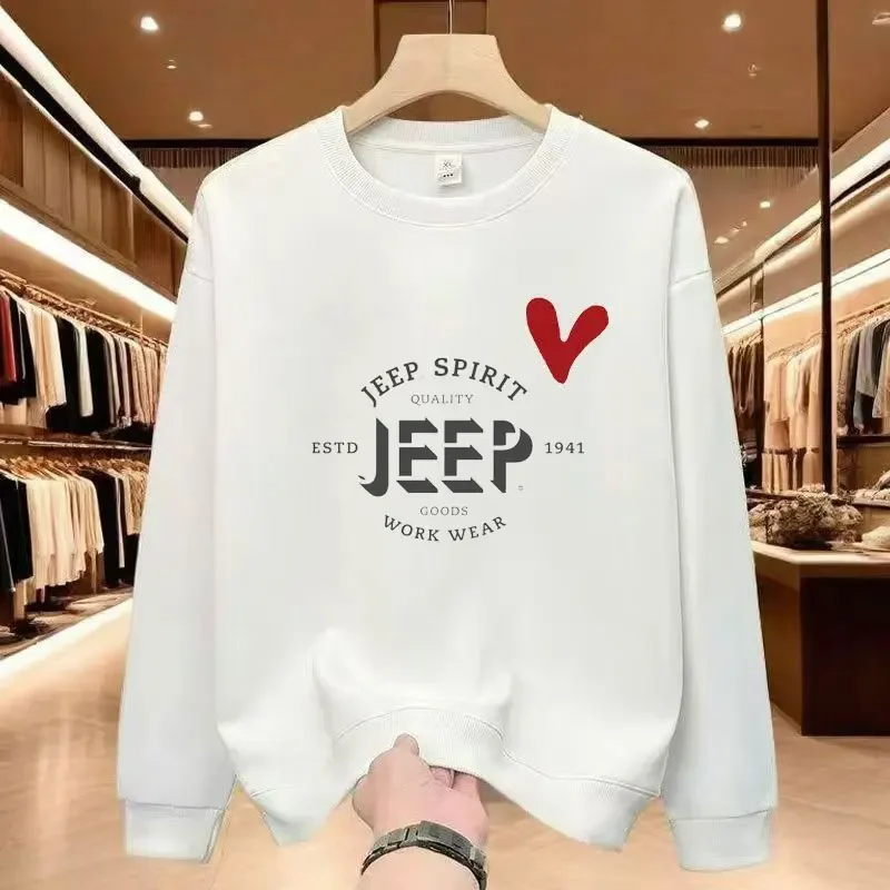 JEEP SPIRIT Men's Crew Neck Sweatshirt — Fashion Casual Long Sleeve Pullover with Letter Print, Loose-Fit Top