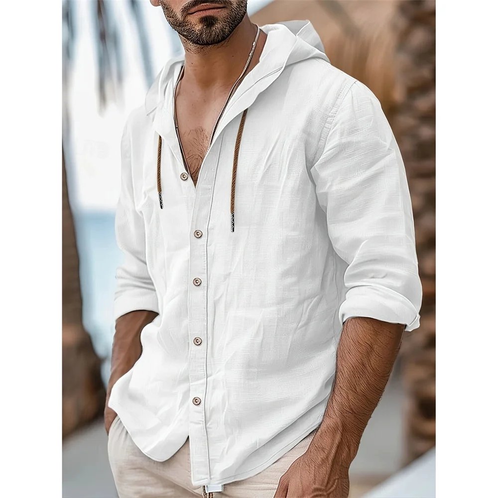 Summer Spring Men's Hooded Shirt Beach Style Breathable Lightweight Solid Color Stylish Fashion Shirts Male Casual Tops