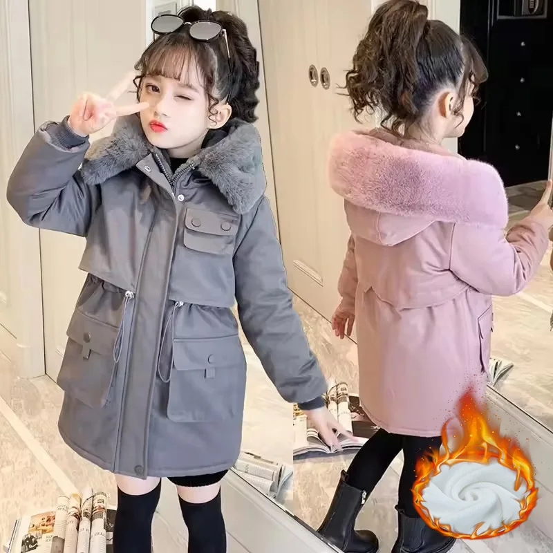 

Girls Thicken Jackets Children Plush Velvet Fur Collar Coats Teenager Fashion Padded Parka Kids Winter Warm Hooded Outerwear