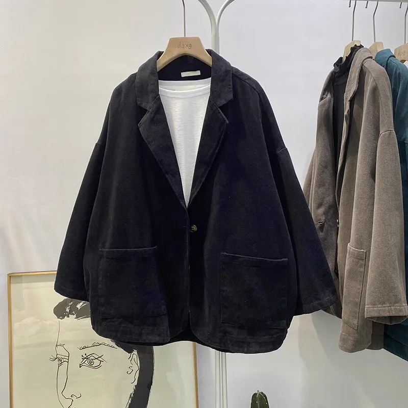 2026 New Style Spring and Autumn Vintage Twill Cotton Jacket for Women, Long-sleeved Loose-fitting Blazer Paired with V-neck Top