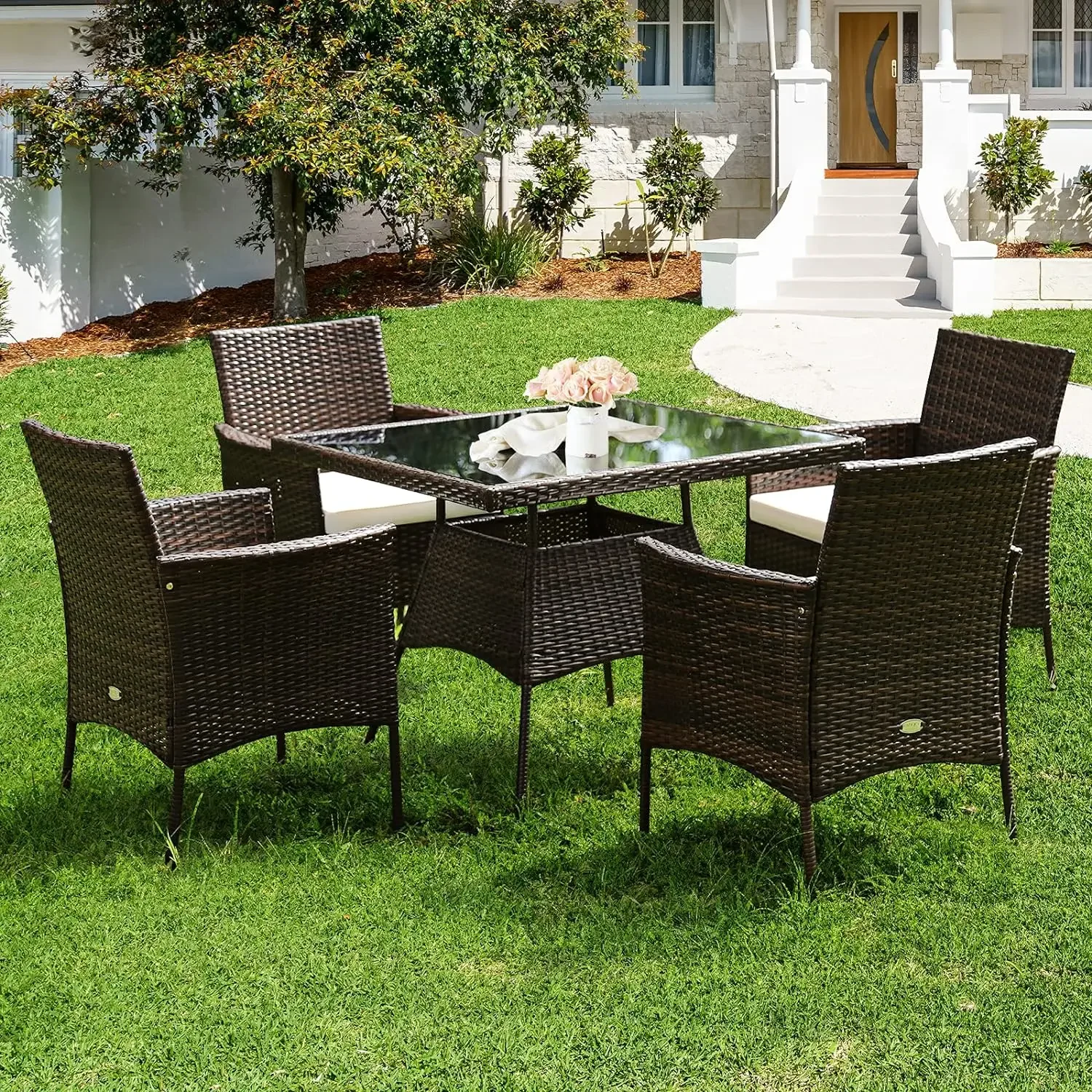 

5 Pieces Wicker Patio Dining Set, Outdoor PE Rattan Chairs Table Set with 4 Seat Cushions, Patio Furniture Set Tempered Tabletop