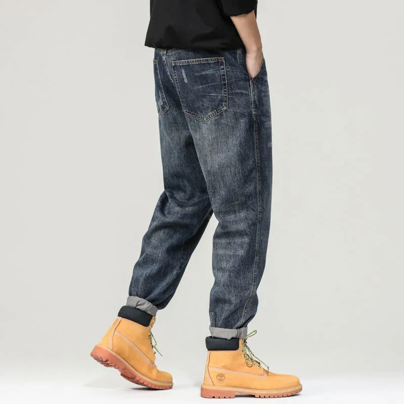 High quality long baggy jeans for men plus size ripped stone wash cotton denim vintage casual trousers new 2024 clothing - blue