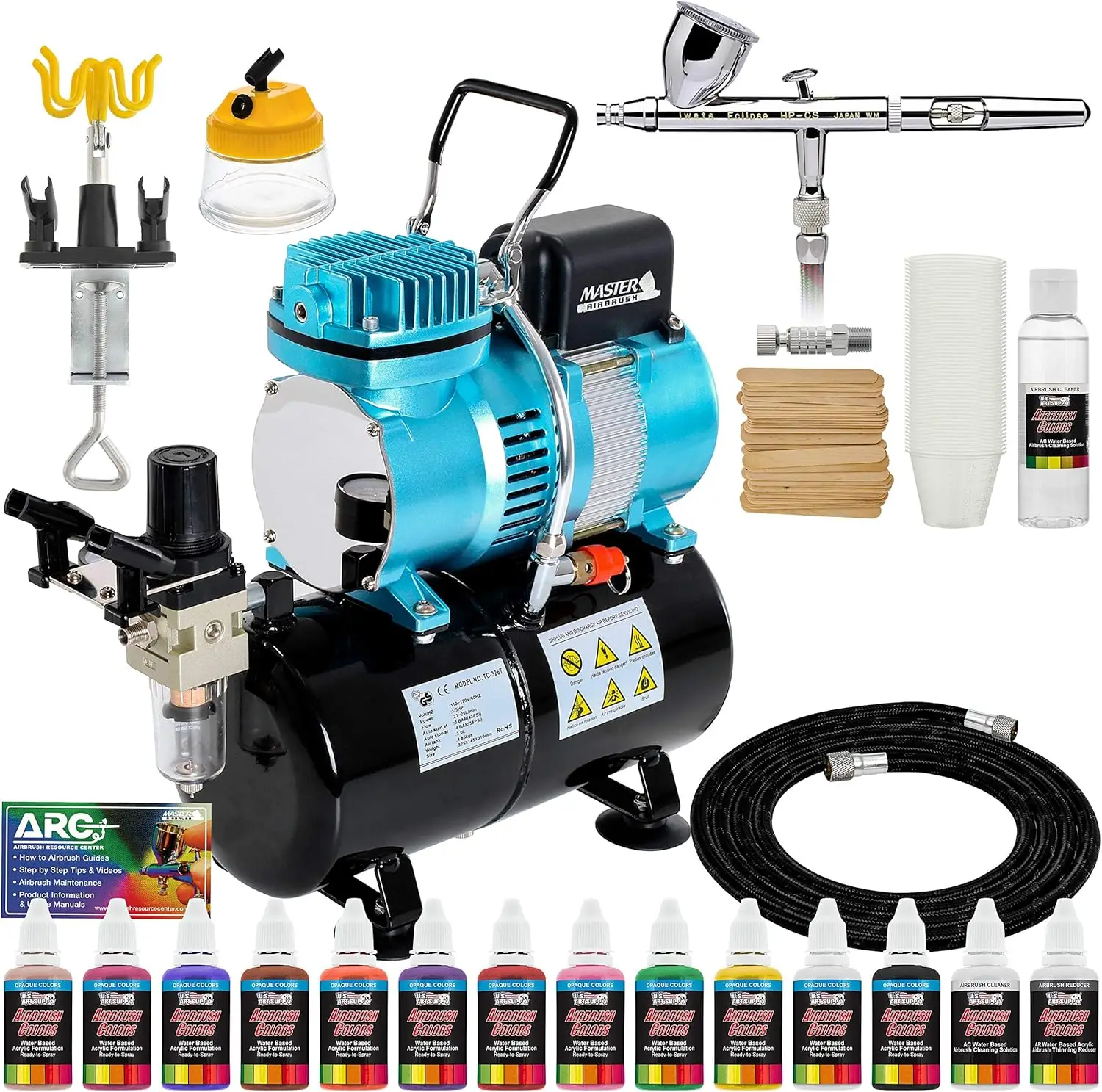 

Tank Compressor System Kit, 12 Color Acrylic Airbrush Paint Artist Set, Hose, Holder, Cleaning Pot, Mixing Cups, How-to Guide