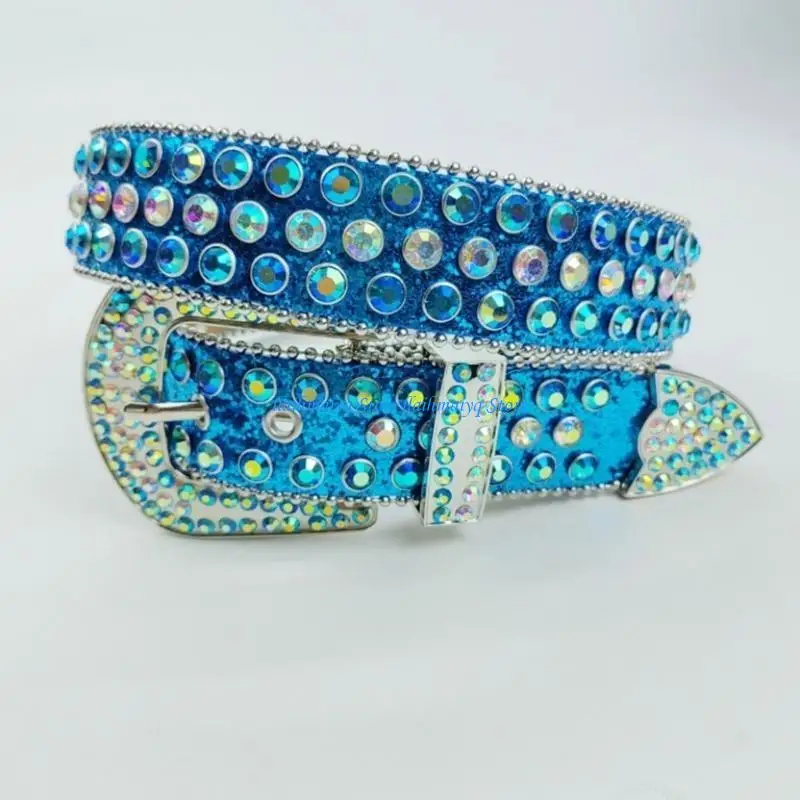 573B الحزام الأزرق حزام الخصر بلينغ حجر الراين حزام الجينز حزام الخصر حجر الراين