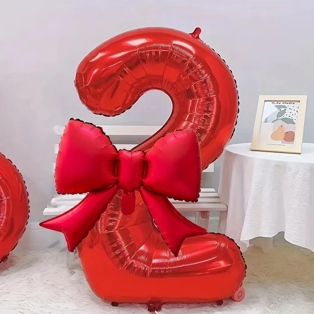 Trendy Large 32inch Number Digital 0-9 Balloon Red Anniversary Decoration Foil Balloons with Red Bowknot Birthday Party Balloons