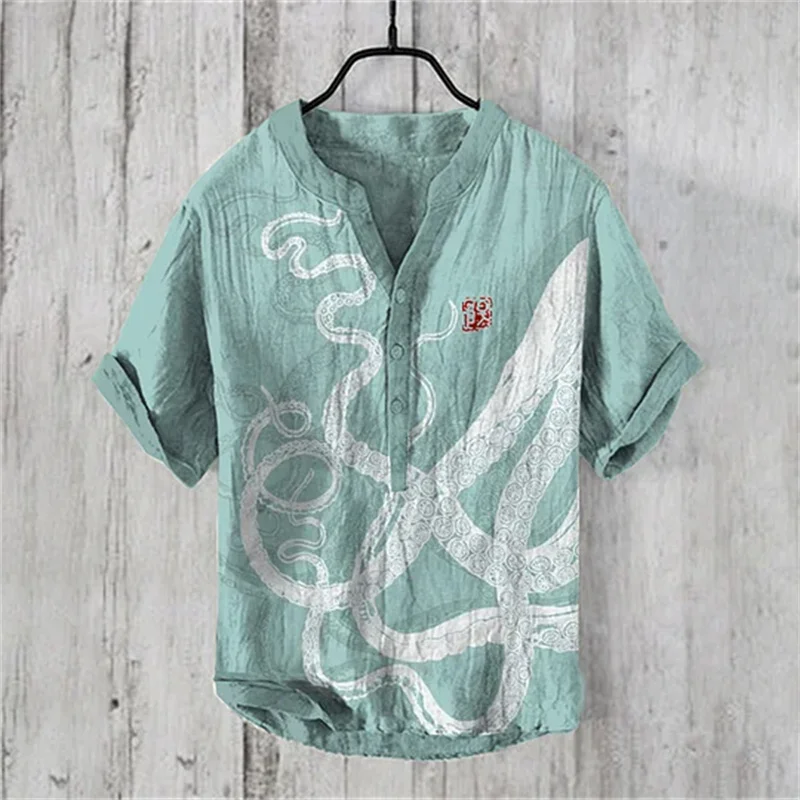 Henry Shirt - Men's Short Sleeve Linen Shirt Tops New Arrival Summer Casual T-Shirt Octopus Graphic Print Fashion Clothing Europ