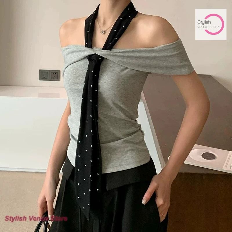 Korean-style temperament spice girl storm point strap word shoulder neck short sleeve T-shirt women's summer new waist jacket