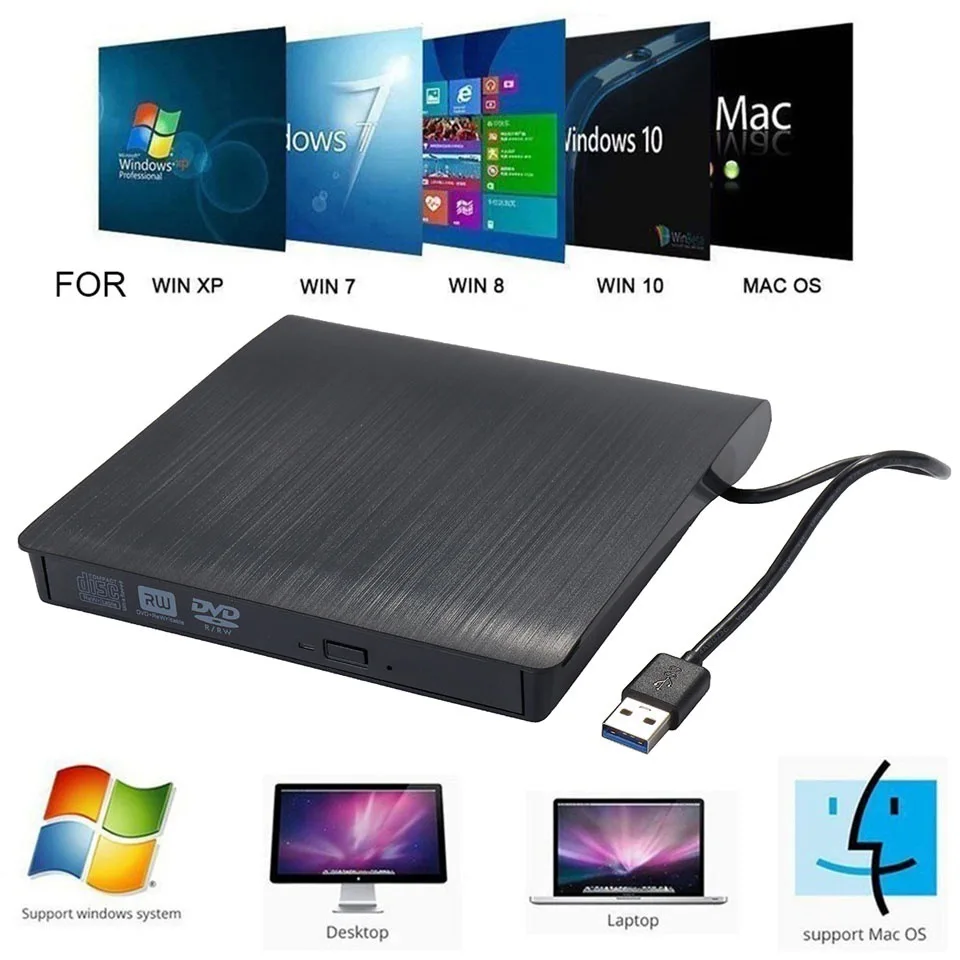 Тонкий внешний оптический привод USB 3,0, DVD RW CD, записывающее устройство, устройство для чтения, оптический привод для ноутбука