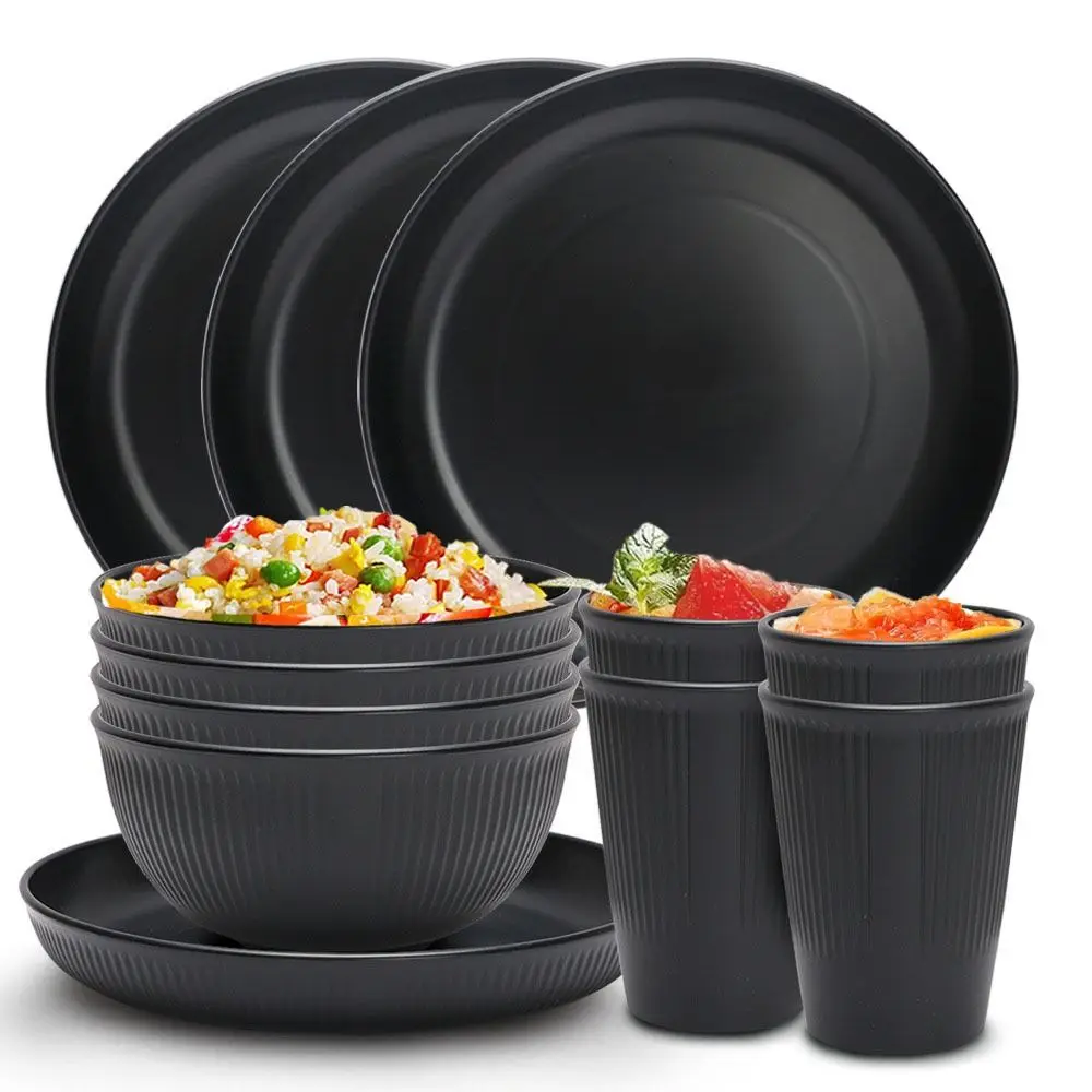 3pcs/set Eco-friendly Plastic Black Tableware Set Vertical Stripes Anti-fall Cutlery Set Plate/Bowl/Cup Dinner