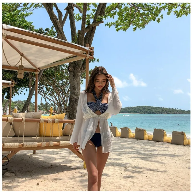 ชุดคลุมบิกินี่สไตล์เกาหลีสำหรับผู้หญิงแบบใหม่ - ชุดชายหาดน้ำหนักเบาทรงหลวม ผ้าซีทรูสำหรับใส่คลุมชุดว่ายน้ำ เหมาะสำหรับวันพักผ่อนที่ชายหาดและบ่อน้ำพุร้อน