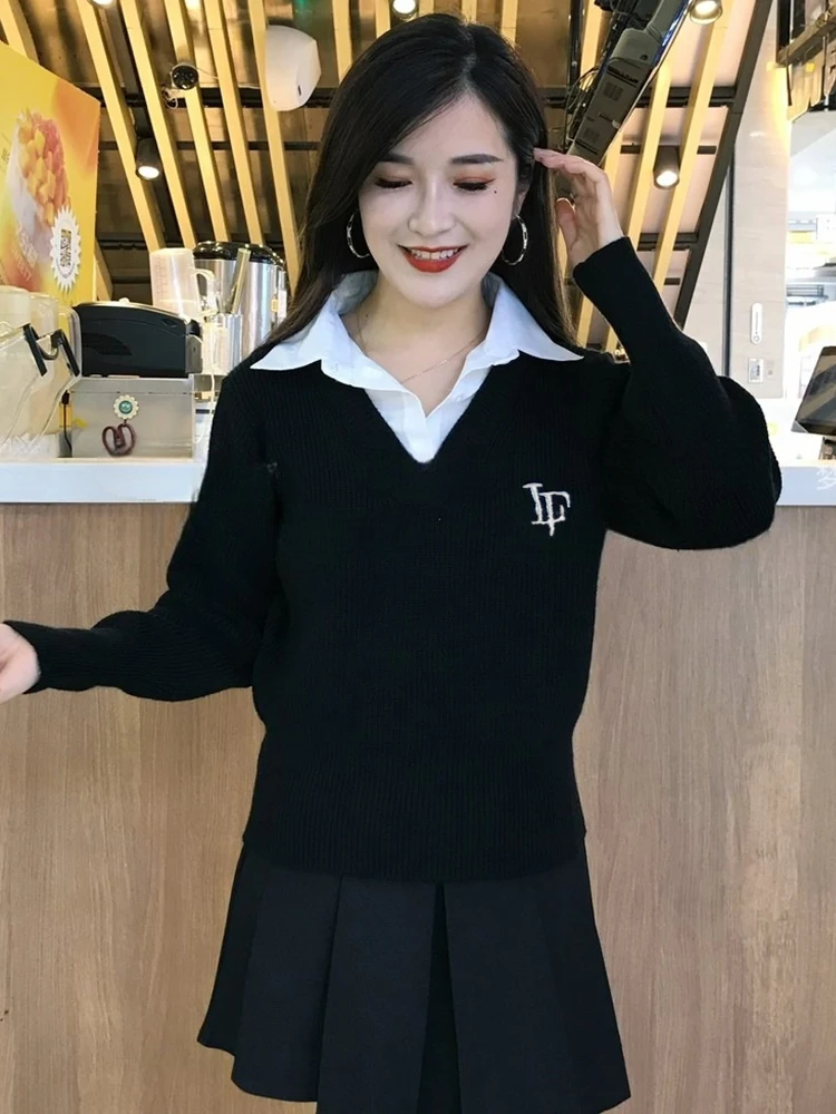 Women's Knitted Long Sve  Ne Sweater Fake Two-Piece Inner Wear Color Blo Design Spring Autumn New Sle Korean Fas...