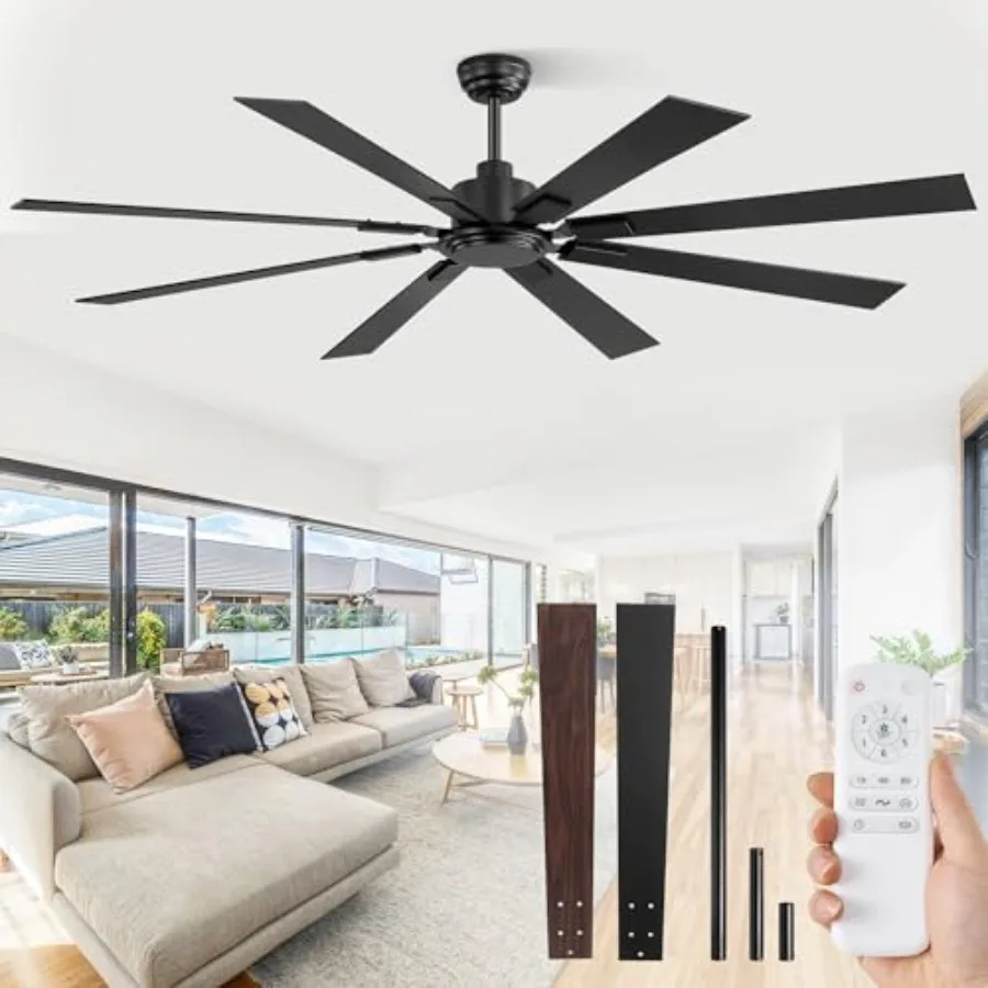 72 Inch Indoor Outdoor Ceiling Fan for Patios Living Room Garage, Black Finish, 8-Blade Quiet DC Reversible Motor, 6-Speed with
