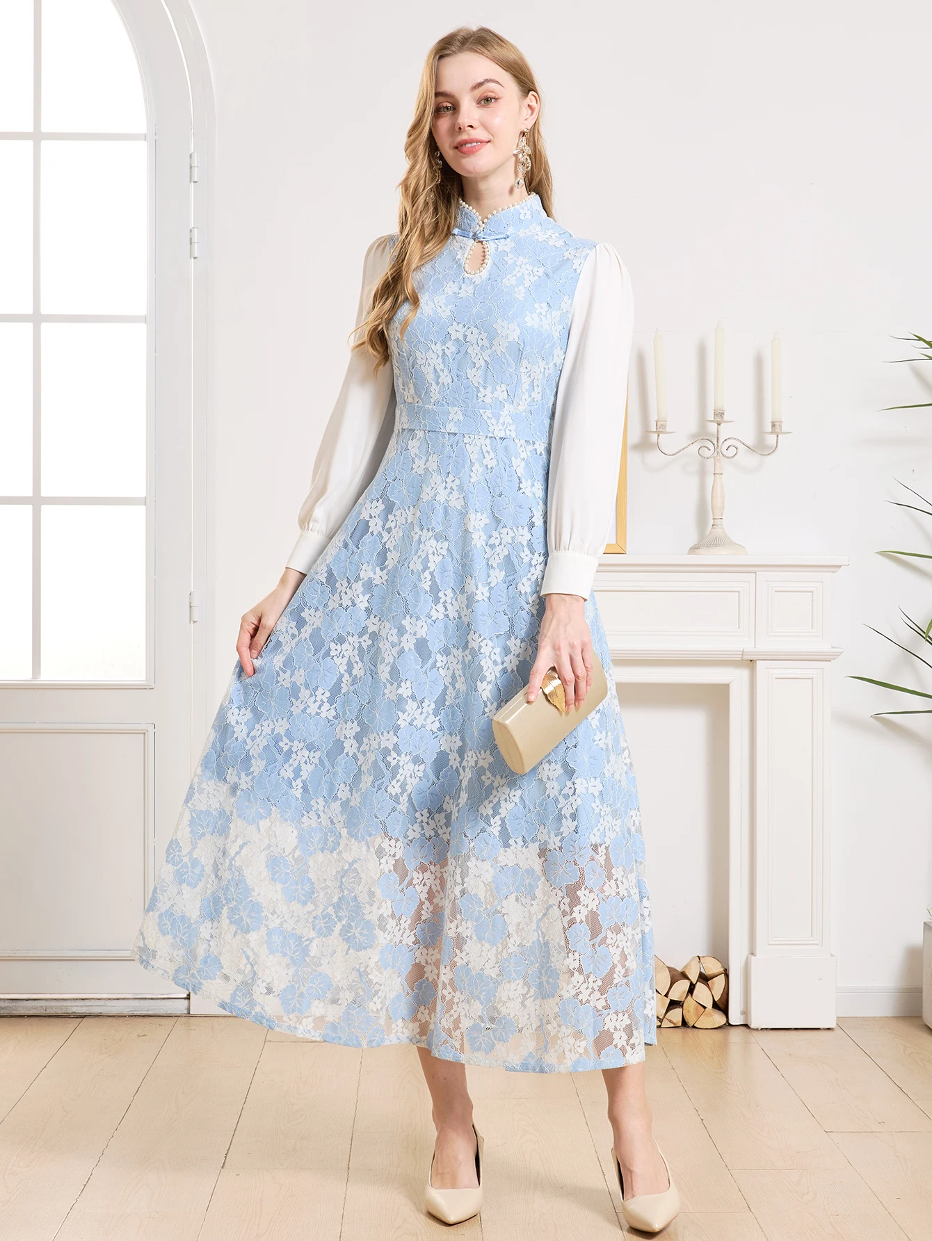 DEVCHATA Elegantes Damenkleid Frühling Sommer Luxuriöse Spitze Partykleider Langarm Dame Formelle Abendkleidung