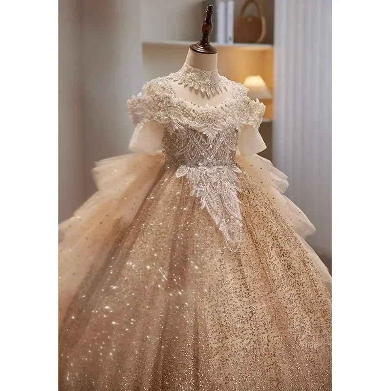 Formelle Kleidung für Mädchen, Prinzessin, neues Blumenmuster, für Kinder, flauschig, für Kinder, Hochzeit, Gastgeber, Klavieraufführung, Kostüm, Blumenmädchenkleider