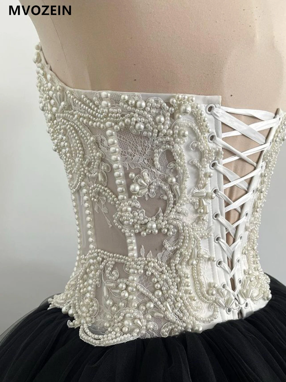 MVOZEIN Ivory Sheer Corset Decorated Gothic Wedding Dresses with Lace Beading Pearl Puffy Bridal Dress Wedding Gown Two Piece