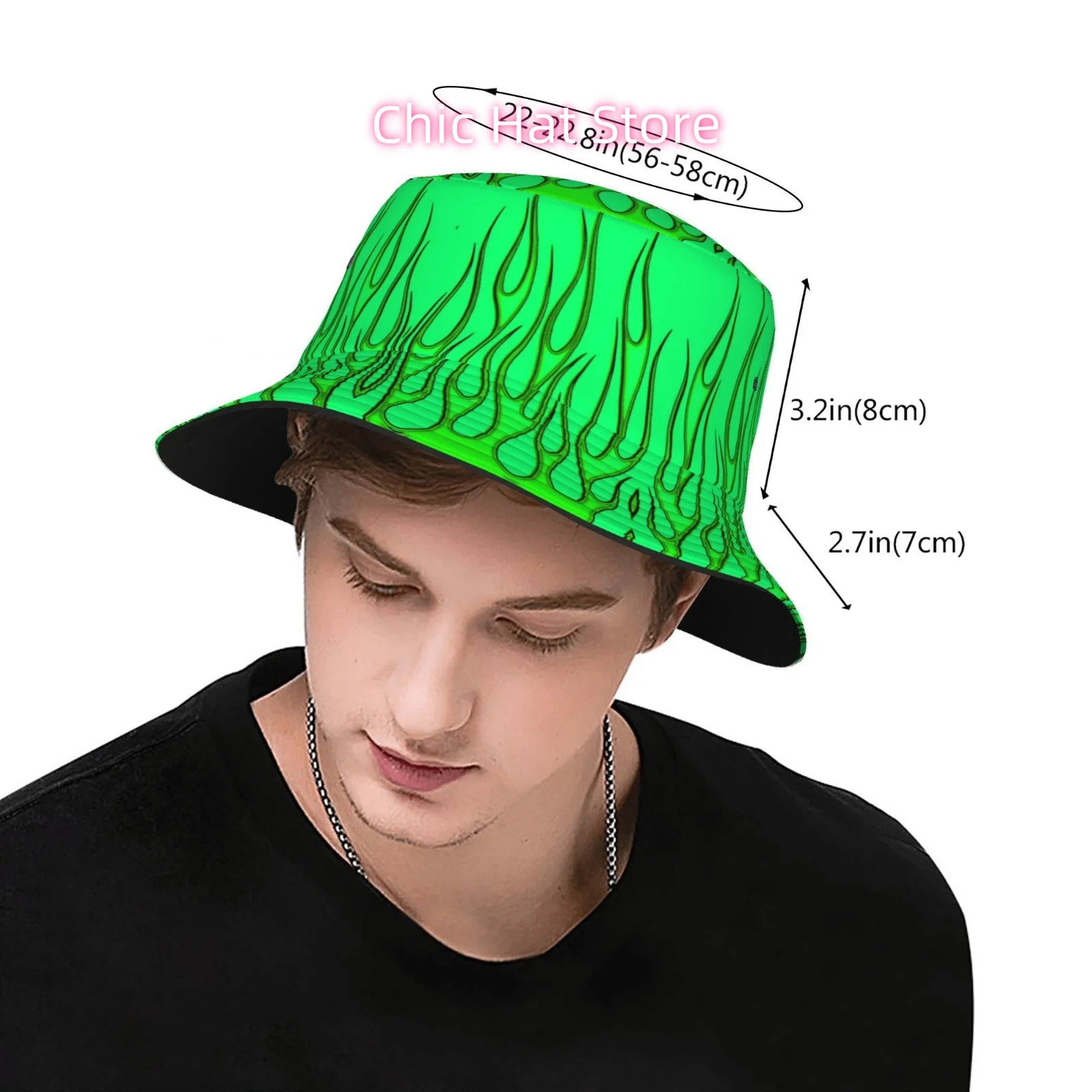 This Unisex Outdoor Sun Hat Features a Vibrant Green Flame Design And Is Fully Printed. It'S a Stylish Bucket Hat Ideal for Beac