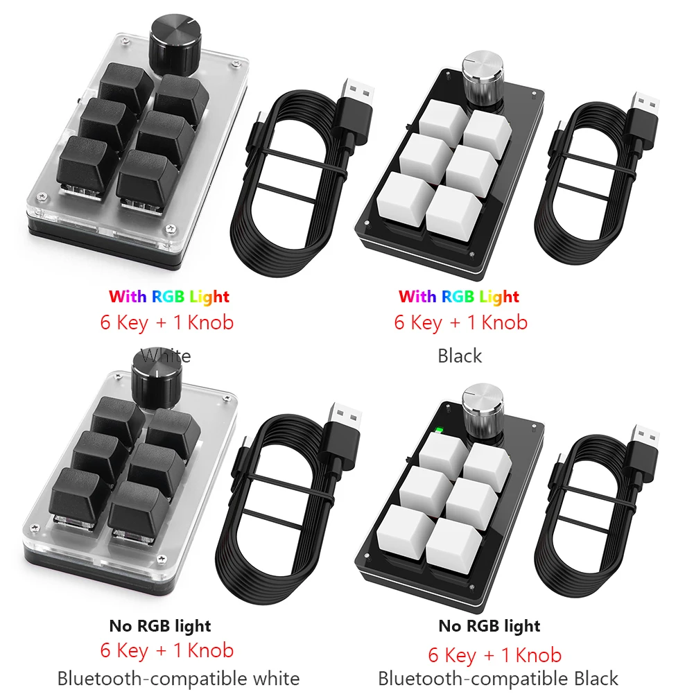 6 Key 1 Knob Programming Macro Knob Keyboard Bluetooth-Compatible/Wired RGB Copy Paste Mini Button for Macbook PC Laptop