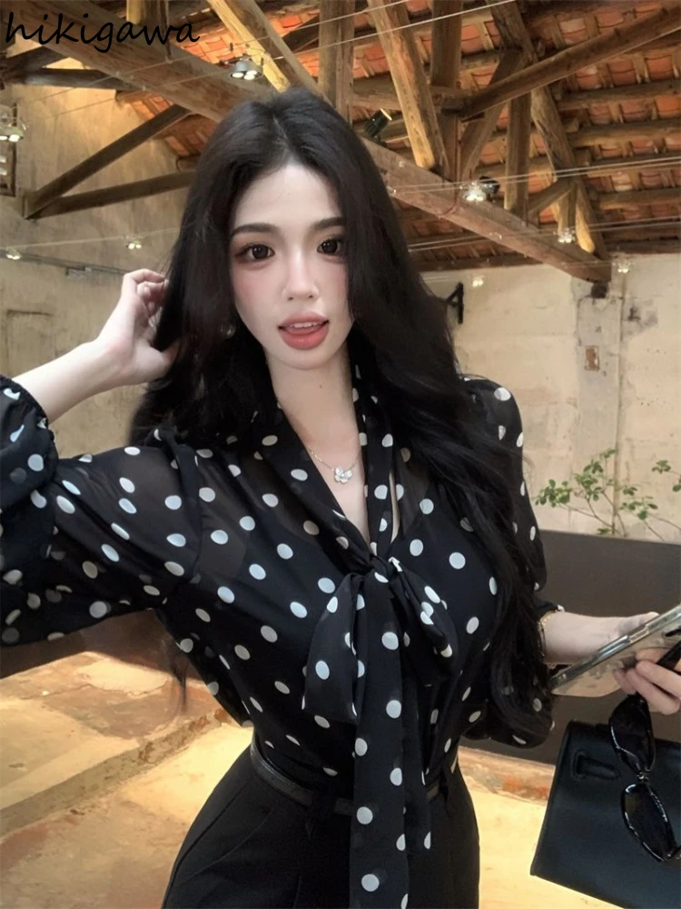 

Long Sleeve Polka Dot Blouses 2025 Blusas Mujer De Moda V-neck Loose See Through Chiffon Shirts Bandage Sexy Summer Blouse Tops