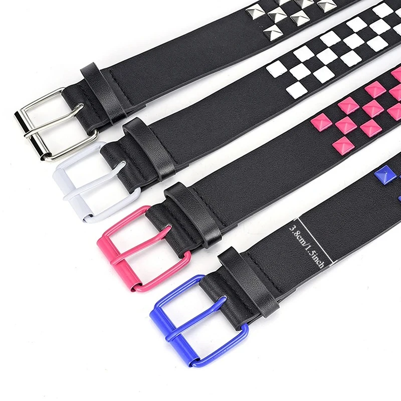 1Pc New Individuality Rivets Checkerboard PU Leather Belt 107CM Men And Women Universal Fashion Hip-hop Punk Belt