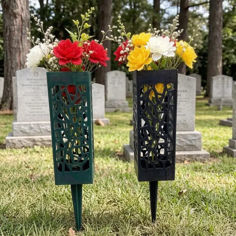 1/2/4Pcs Memorial Cemetery Vases With Stake Grave Flower Holder Outdoor Tombstone Decoration Artificial Flowers For Graves