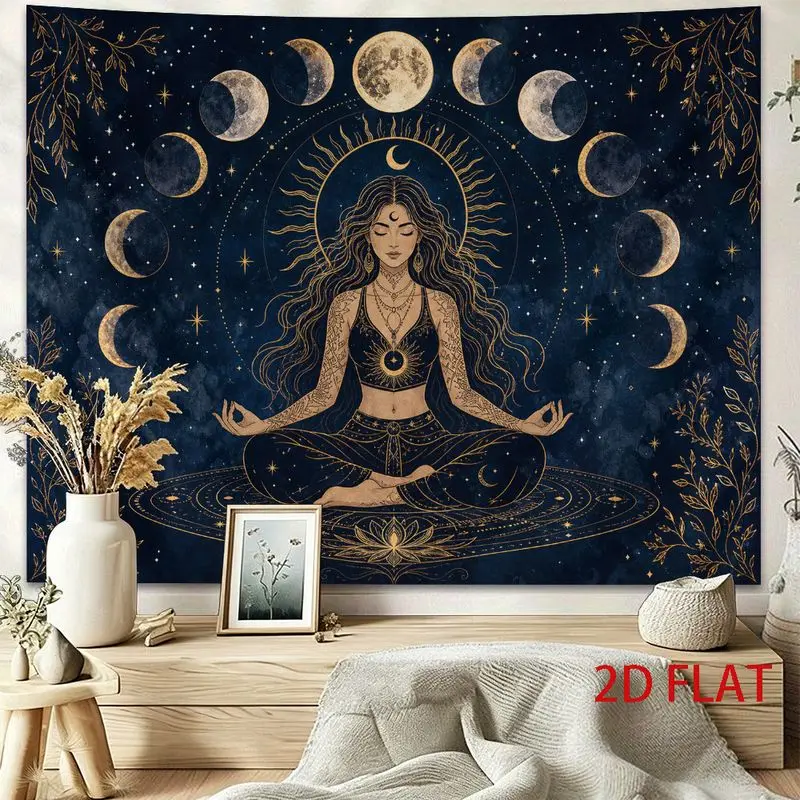 VIKAMA Tapestry Bohemian Celestial Moon Phase Goddess Star Sun Mystic Navy Gold Lotus Sacred Spiritual Bedroom Wall Decor