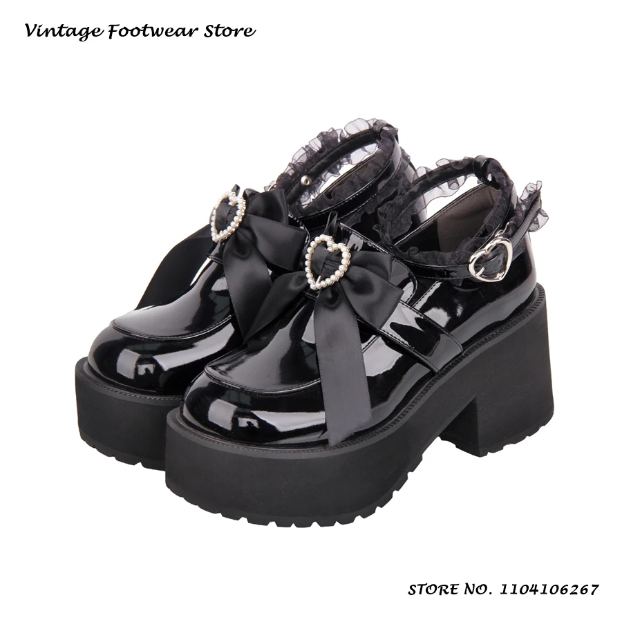 Ribbon Bowknot Platform Lolita Shoes Round Toe Block Heels Festival Cosplay Shoes Women's Lace Trimmed Heart Buckle Strap Pumps