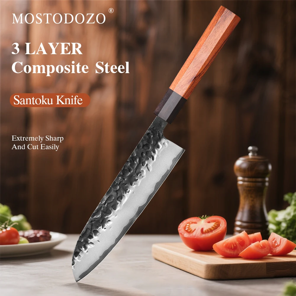 MOSTODOZO 7,5 Zoll Japanisches Santoku-Messer aus 3-lagigem Verbundstahl, Professionelles Kochmesser zum Schneiden und Kochen, Handgefertigte Küchenmesser