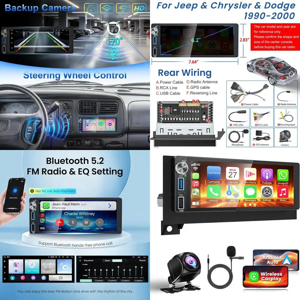 

Автомобильное радио 4G + 64G Android 13 для Dodge, Chrysler и Jeep (1990-2000), стерео с сенсорным экраном 6,2 дюйма с беспроводным CarPlay, Android Aut