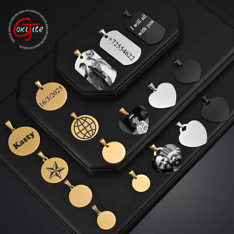 Goxijite Carving Photos Multiple Styles Nameplates Heart Pendant Lovers Stainless Steel Circular Personalized Name Best Gift