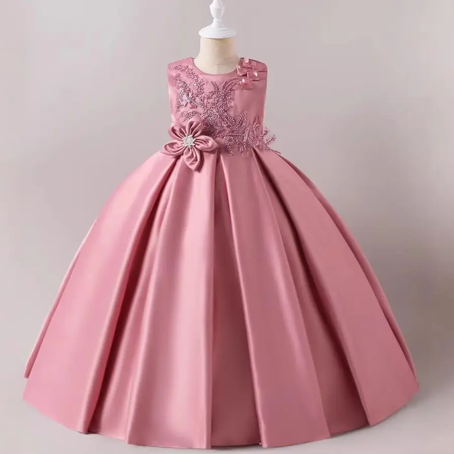 Children Girls Flower Embroidery Sequins Satin Dress For Teenagers Eid Masquerade Wedding Birthday Party Pageant Maxi Gown