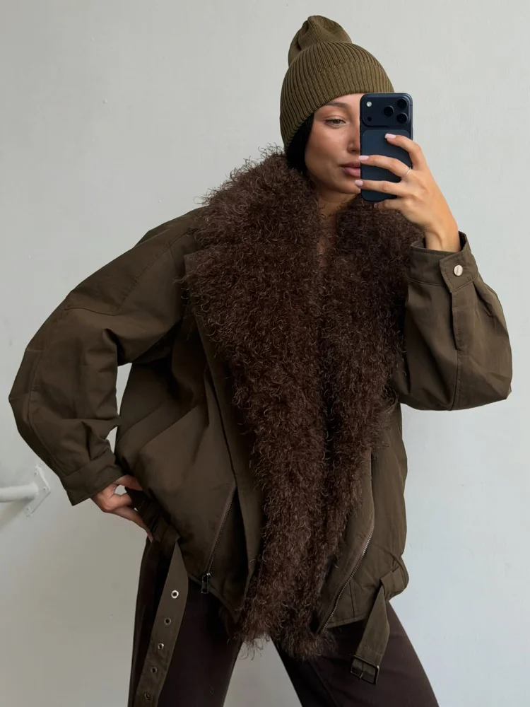 Women Brown Faux‑fur Collar Cropped Bomber Oversized Jackets Long Sleeve Winter Warm Outerwear Autumn Winter Street Daily Outfit