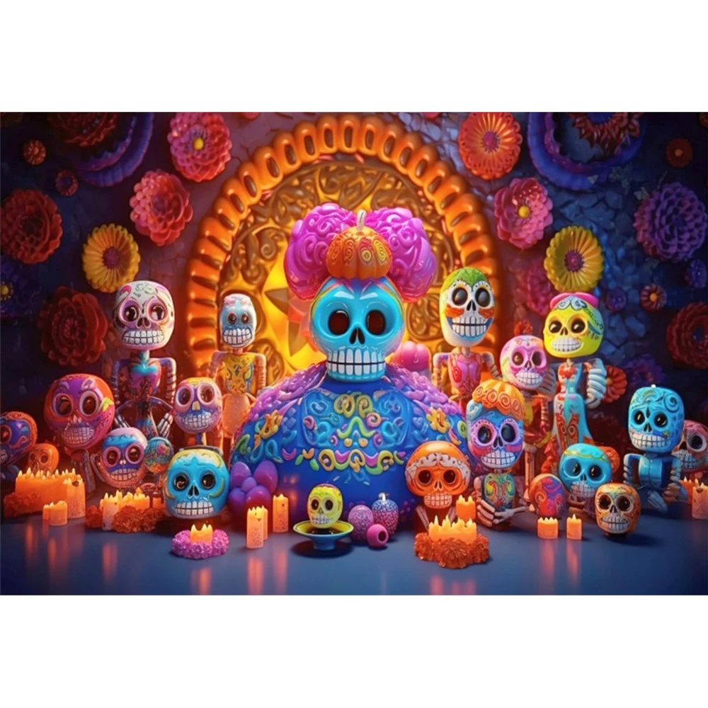 Laeacco Day of The Dead Backdrop Sugar Skull Dia De Los Muertos Mexican Fieasta Dress up Festival Party Photography Background