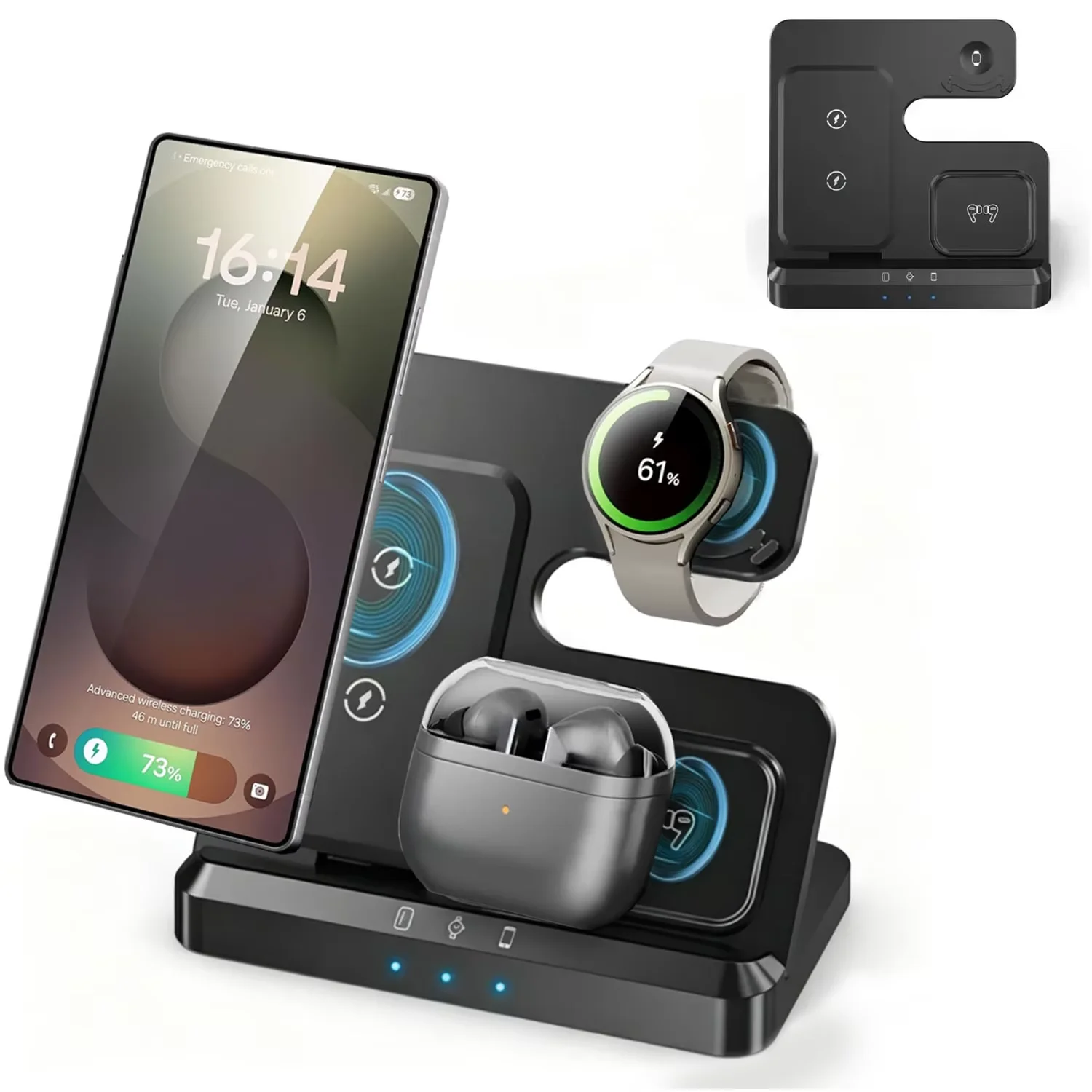 3 in 1 Wireless Charger Stand for iPhone Samsung Galaxy Watch 5 4 3 Active 2/1 Buds Fast Charging Dock Station Pad Holder