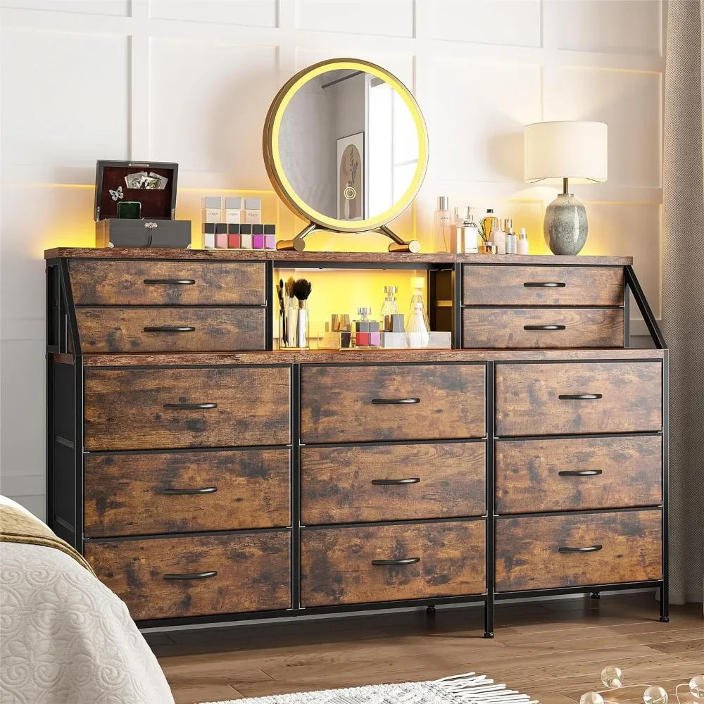 55”W Dresser for Bedroom, Dresser with 13 Large Drawer, Dressers & Chests of Drawers, Dressers with 2 Shelves, Bedroom Dresser