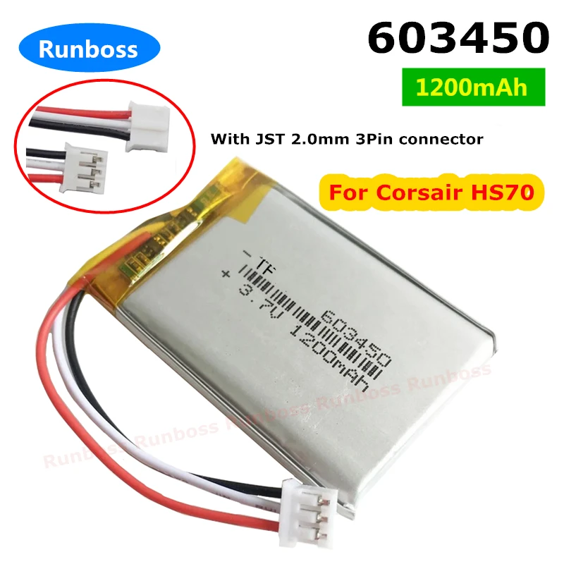 3.7V 1200mAh 603450 Lipo polimerowa bateria do korsairu HS70, HS75 XB , RDA0031 RDA0034, Corsair HS70 Pro bezprzewodowy zestaw słuchawkowy do gier