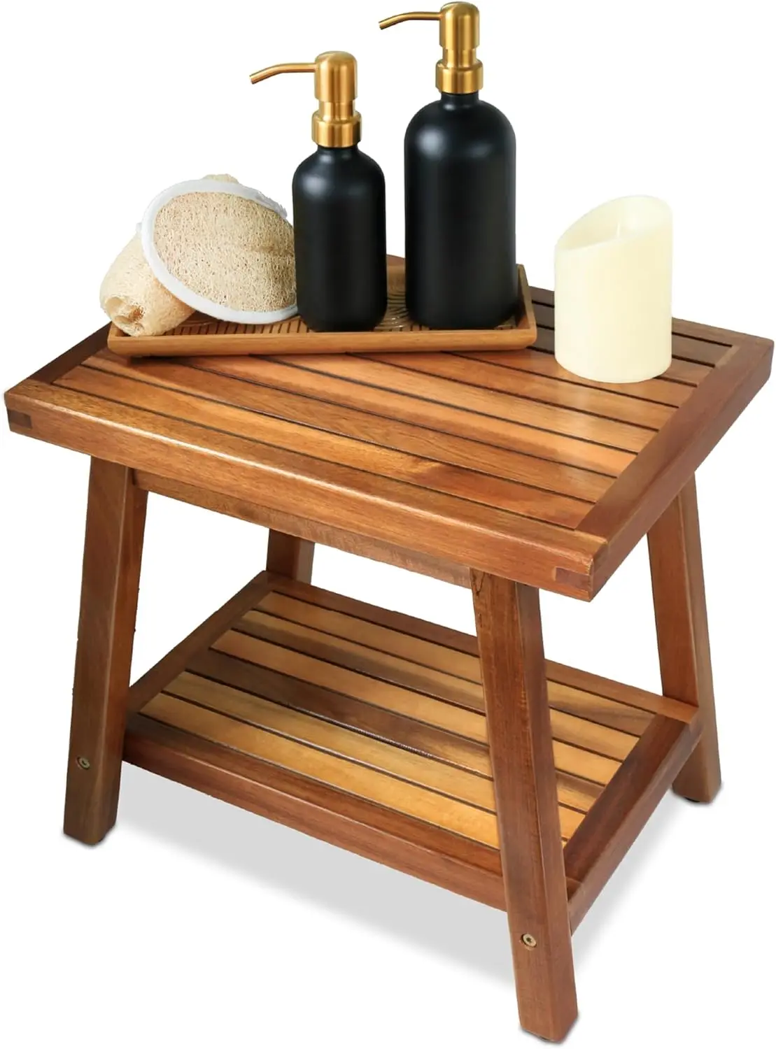 

Corner Shower Stool 16 in, Brown Sturdy Shower Bench Seat with Storage Shelf - Leg Shaving, Sitting, Towels Holder