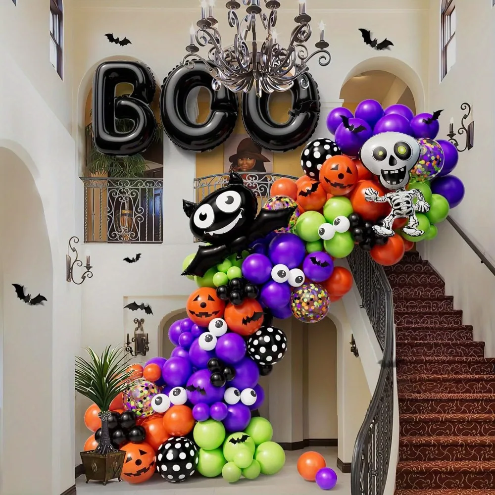 137pcs Halloween Balloon Garland Kit Bat Skeleton Aluminum Film Balloon, Halloween Thriller, Scary Atmosphere Party Scene Layout