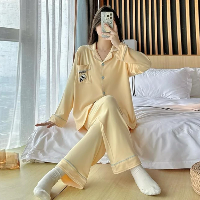 2024 New Large Size Sleepwear Women's Sweet Cute Soft Comfortable Pajamas Set Embroidered Panda Leisure Female Homewear Suit