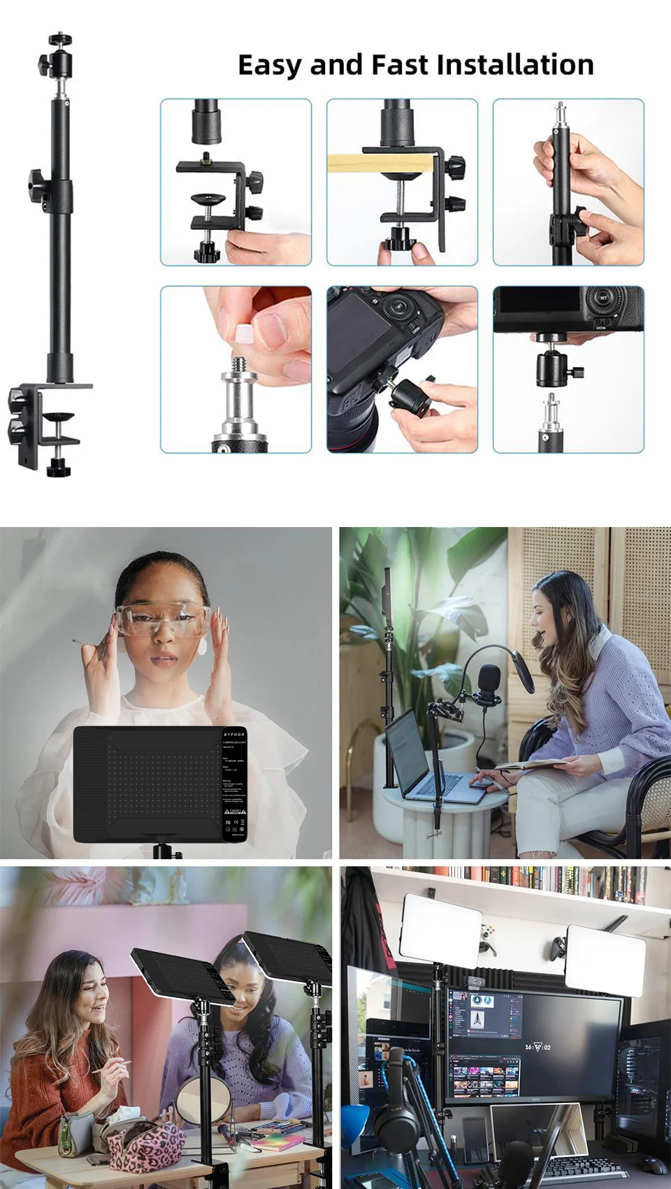 Desk Mount Stand DSLR Camera C Clamp Light Stand Photographic Light Boom Stand With Ball Head for Phone Video Ring Light Zoom