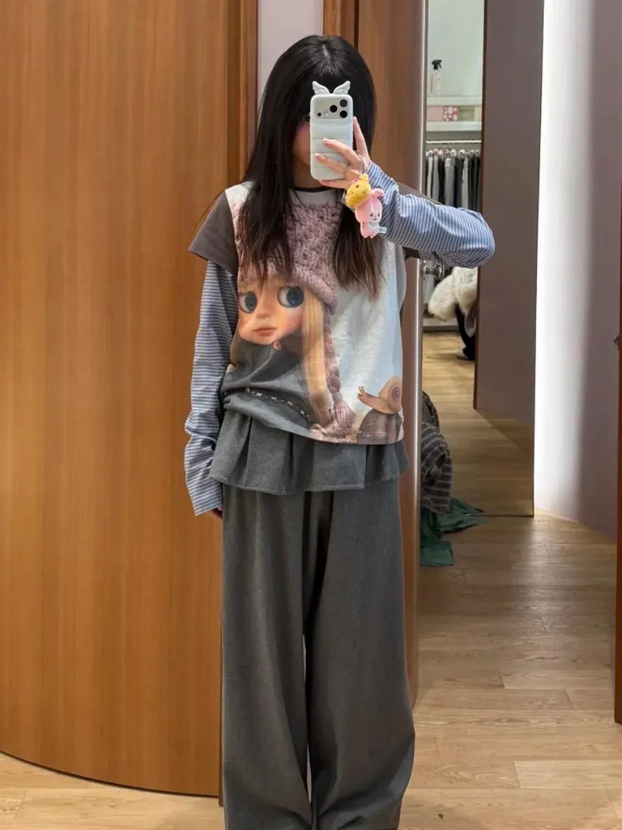

Collaboration Cartoon Doll Print Casual Long Sleeve T-Shirt Women Loose Spring 2026 New Style Striped Patchwork Design