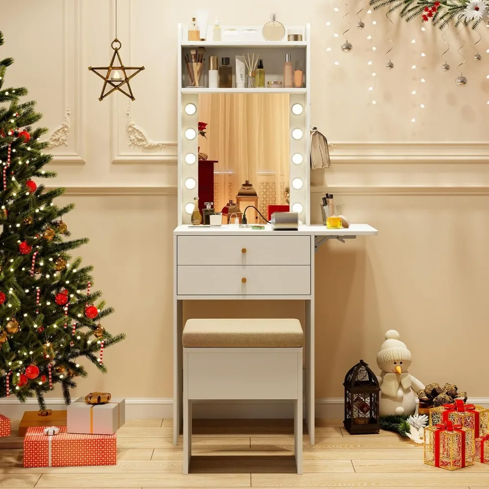 مكتب مكياج مدمج مع مقعد مبطن، ومرآة مضاءة بثلاثة ألوان، وتخزين مخفي للمساحات الصغيرة #3