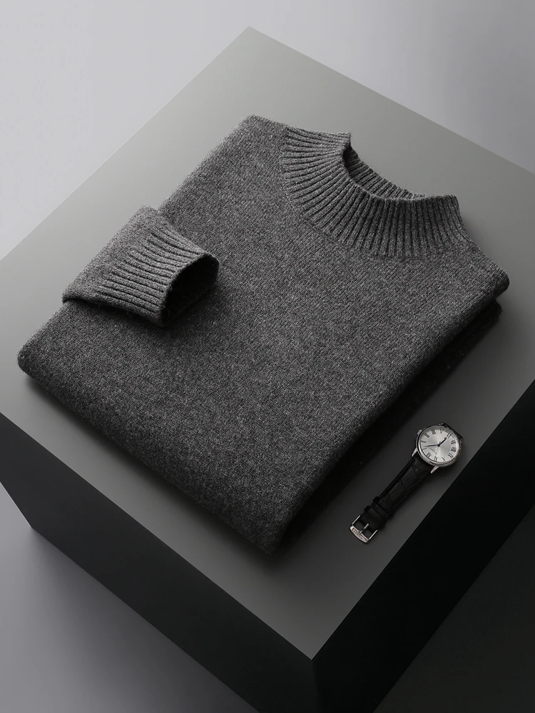 Autumn Winter Thick Men Sweater Long Sleeve Mock-neck Pullover 100% Merino Wool Warm Solid Cashmere Knitted Casual Clothes Tops