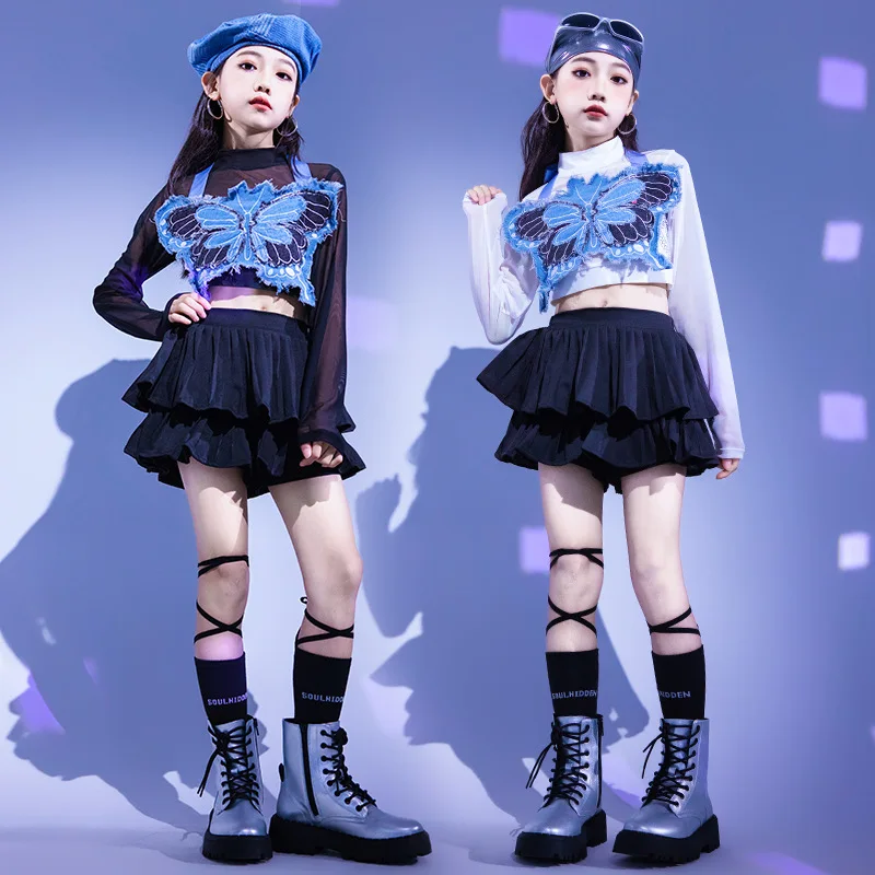 

Girls Hip Hop Jazz Clothes Sets Halter Butterfly Sling Top + T-shirt + Pleated Skirt Kids Performance Suit Street Dance Costumes