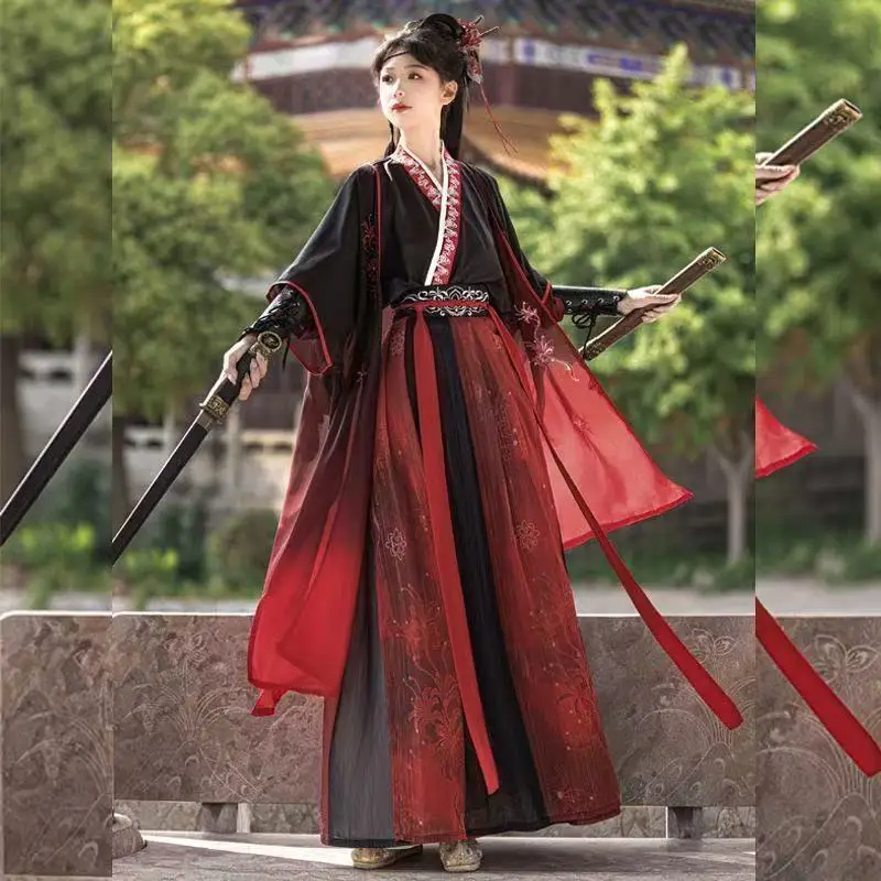 Traditional Chinese Hanfu Dress Men Women Black Red Embroidery Cross Collar Costume National Swordsman Cosplay Clothes Halloween